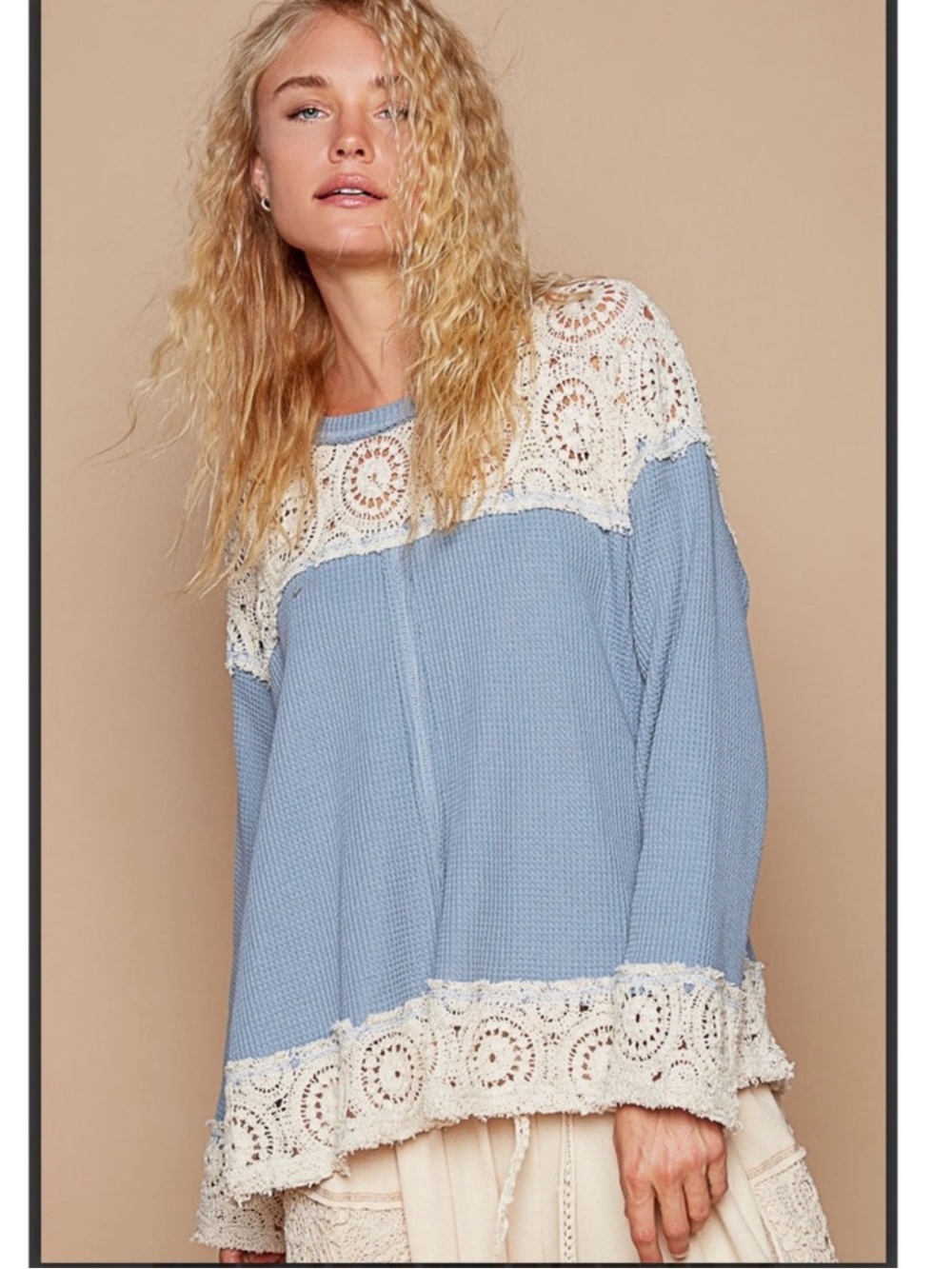 New: POL Light Blue Cream Crochet Lace Detail Boho Long Sleeve Blouse• Small